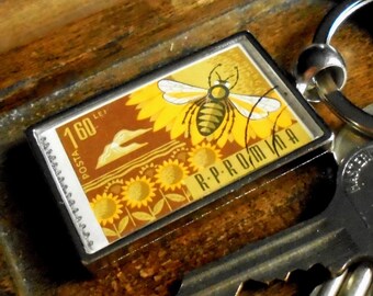 Honey Bee Keyring - Retro brown yellow sunflowers, 1963 Romania postage stamp