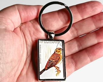 Yellowhammer Keyring made with vintage 1987 Bulgaria stamp