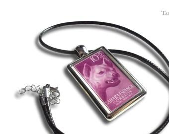 Striped Hyena Reversible Pendant Necklace - upcycled 1957 postage stamp from Spanish Sahara