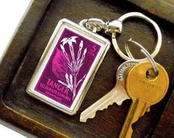 Purple Magenta Floral Keyring, retro 1950s keychain | wildflower stems & buds, plum or green | delicate floral, cyanotype style key ring