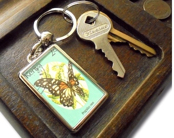 Regal Swallowtail Butterfly Keyring - upcycled 1988 Kenya postage stamp