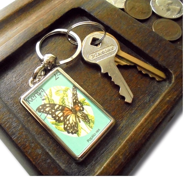 Swallowtail Butterfly Keyring, upcycled postal stamp key chain | lepidoptera keyfob for nature lover | unique recycled 1988 birthday gift