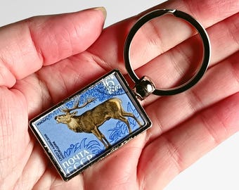 Red Deer Keyring - upcycled vintage postage stamp, USSR 1970
