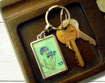 Cornflower Keyring - upcycled 1959 Romania postage stamp