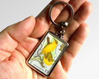 Yellow Wagtail Keyring - upcycled British bird postage stamp from 1980