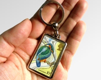 Kingfisher Keyring - upcycled British bird postage stamp from 1980