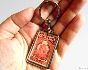 Red Vintage Stamp Keyring - upcycled keychain | Old ephemera, palace illustration with intricate decorative border | 1947 philately gift