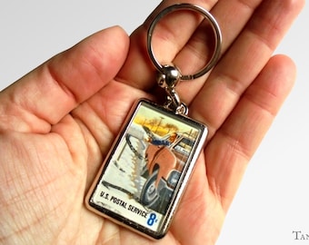 Mail Delivery Keychain, made using vintage 1973 USA postage stamp