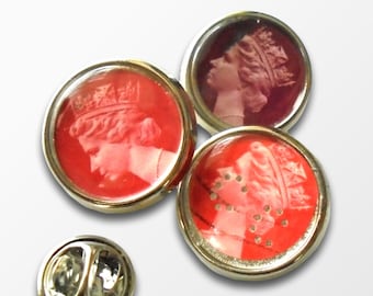 Tonal Red Machin Mini Brooch - single or set of 3 lapel pins in storage tin