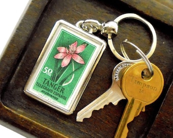 Green & Pink Flower Keyring - upcycled 1957 charity stamp