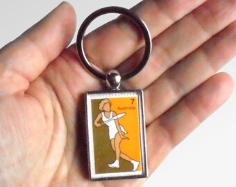 Female Tennis Player Keychain, made with real vintage 1971 Japan postal stamp