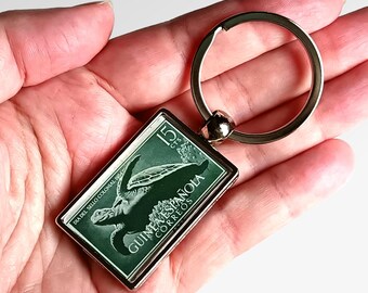 Sea Turtle Keyring - upcycled 1954 postage stamp from Spanish Guinea