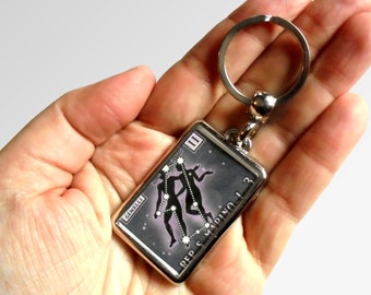 Gemini Keyring made with upcycled vintage 1970 postage stamp