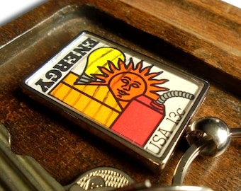 Energy Conservation Keychain, made using vintage 1977 USA postage stamp