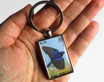 Fujian Niltava Keyring made with 1988 postage stamp from Hong Kong