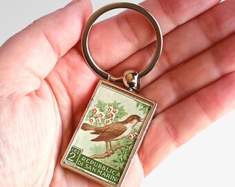 Nightingale Keyring - upcycled vintage 1960 San Marino postage stamp