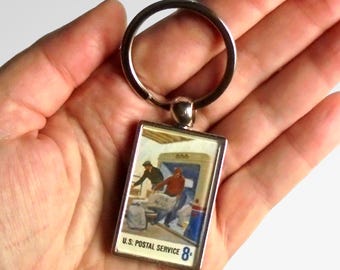 Loading Mail Truck Keychain, made using vintage 1973 USA postage stamp