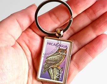 Great Horned Owl Keyring - upcycled 1986 Nicaragua postage stamp