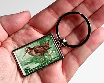 Woodcock Keyring - upcycled vintage 1960 San Marino postage stamp