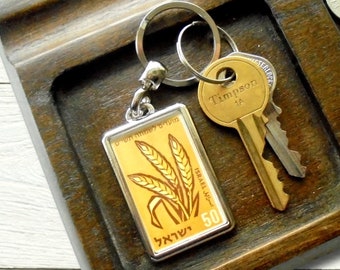 Wheat Grass Keyring - upcycled 1958 Israel postage stamp, Happy Days series