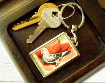 Quirky Pigeon Keyring - upcycled 1981 Romania postage stamp