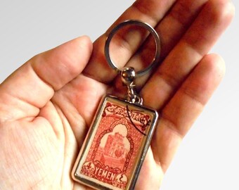 Yemeni Palace Keyring - upcycled vintage 1947 postage stamp