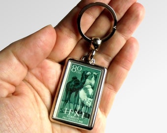 Camel Family Keyring, made with upcycled 1960 postage stamp from Ifni