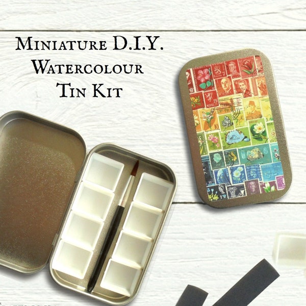 Mini DIY watercolour kit - tin, empty pans, magnets, paintbrush | Urban sketching travel palette | Stamp art stocking filler gift for artist