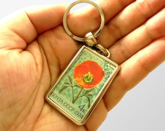 Red Poppy Keyring - 1974 postage stamp keychain | upcycled vintage postal stamp 1970s birthday gift | floral keyfob roemeria mountain flower