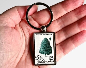 Beech Tree Keyring made with upcycled postage stamp from Romania 1994