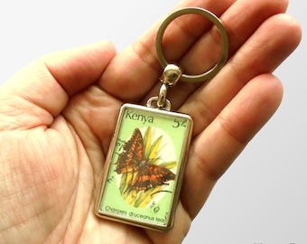 Silver Barred Charaxes Butterfly Keyring - upcycled 1988 Kenya postage stamp