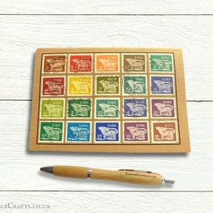 May include: A sheet of Irish postage stamps featuring a colourful design of a wolf with the word "EIRE" printed on each stamp.