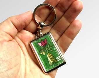 Retro Wheat & Flower Keychain - real 1954 postage stamp from Switzerland