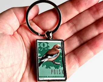 Eurasian Jay Keyring made with 1966 Poland postage stamp