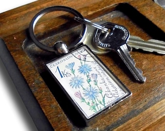Chicory Herb Keyring - upcycled 1964 Czech postage stamp