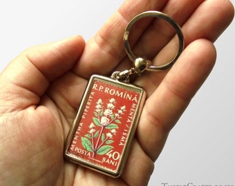 Peppermint Flower Keyring - upcycled 1959 Romania postage stamp