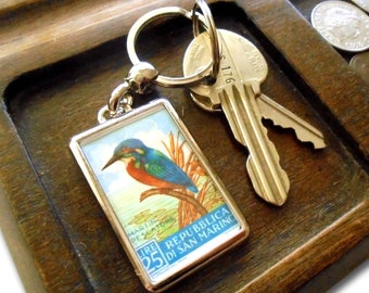 Kingfisher Keyring - upcycled vintage 1960 San Marino postage stamp