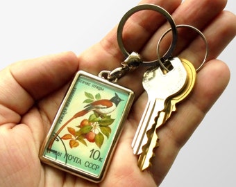 Paradise Flycatcher Keychain - upcycled 1981 postage stamp