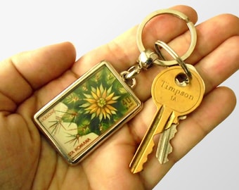 Cactus Keyring - upcycled 1965 postage stamp from Romania, botanical garden series