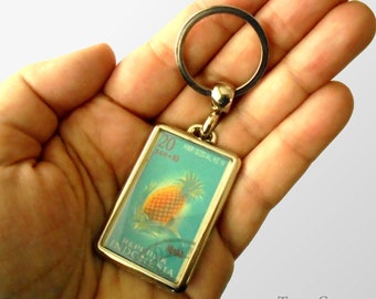Pineapple Keyring - upcycled 1961 postage stamp from Indonesia