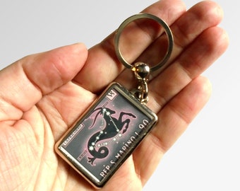 Capricorn Keyring made with upcycled vintage 1970 postage stamp