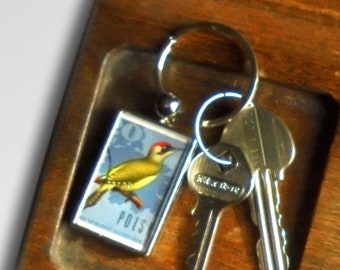 Green Woodpecker Keychain - recycled 1966 Poland postage stamp