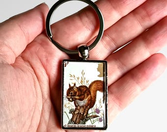 Red Squirrel Keyring - British Wildlife, upcycled 1977 GB postage stamp