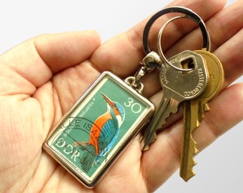 Kingfisher Keyring - upcycled 1967 East Germany postage stamp