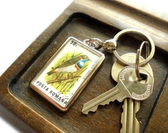 Bluethroat Keyring made with vintage 1983 Romania postage stamp