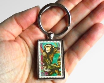 Chimpanzee Keyring, upcycled postage stamp from Equatorial Guinea
