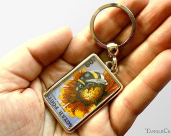 Bumblebee Keyring - real upcycled 1980 postage stamp from Hungary