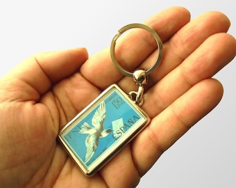 Pigeon Post Keyring - upcycled postal stamp keychain | carrier pigeon airmail delivery unusual gift for letter writer | 1968 birthday keyfob