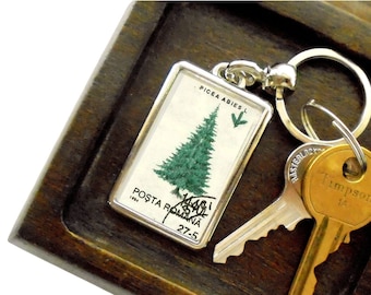 Spruce Tree Keyring made with upcycled postage stamp from Romania 1994