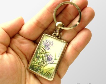 Purple Flowering Herb Keyring - upcycled 1983 used postage stamp from Kenya